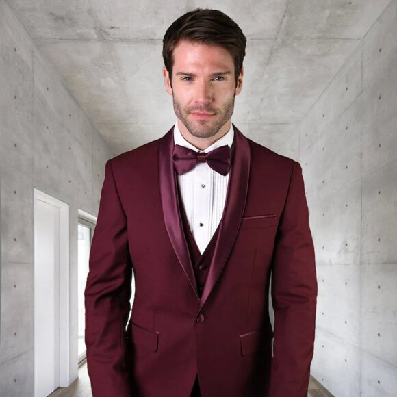Mens One Button Shawl Tuxedo with Paisley Scoop Neck Vest in Burgundy main image 0